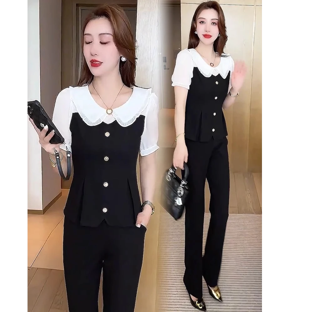 时尚套装女2025夏季新款洋气显瘦雪纺短袖微喇叭裤气质减龄两件套