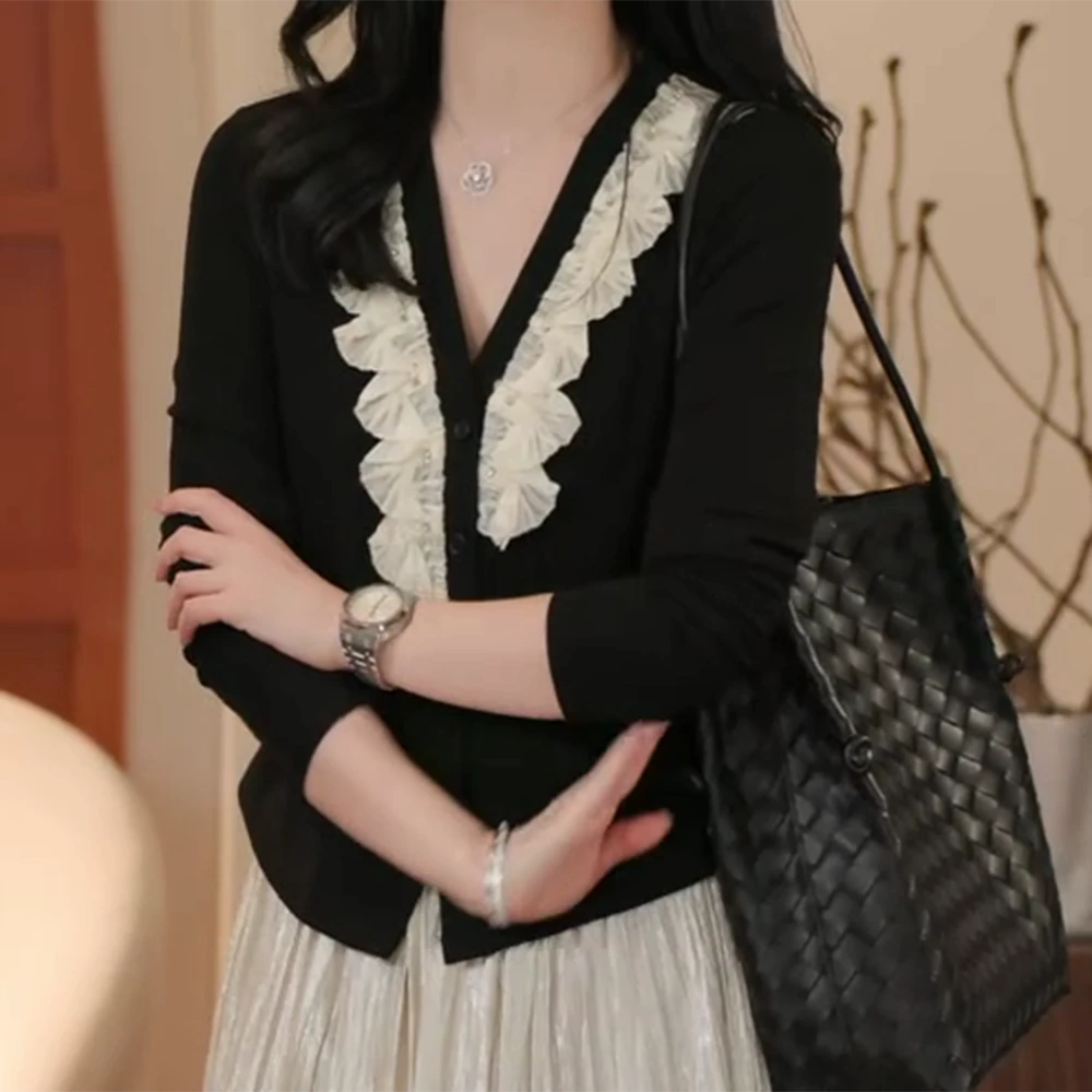 【午夜】新款时尚潮流轻奢百搭设计感不规则蕾丝花边显瘦衬衫
