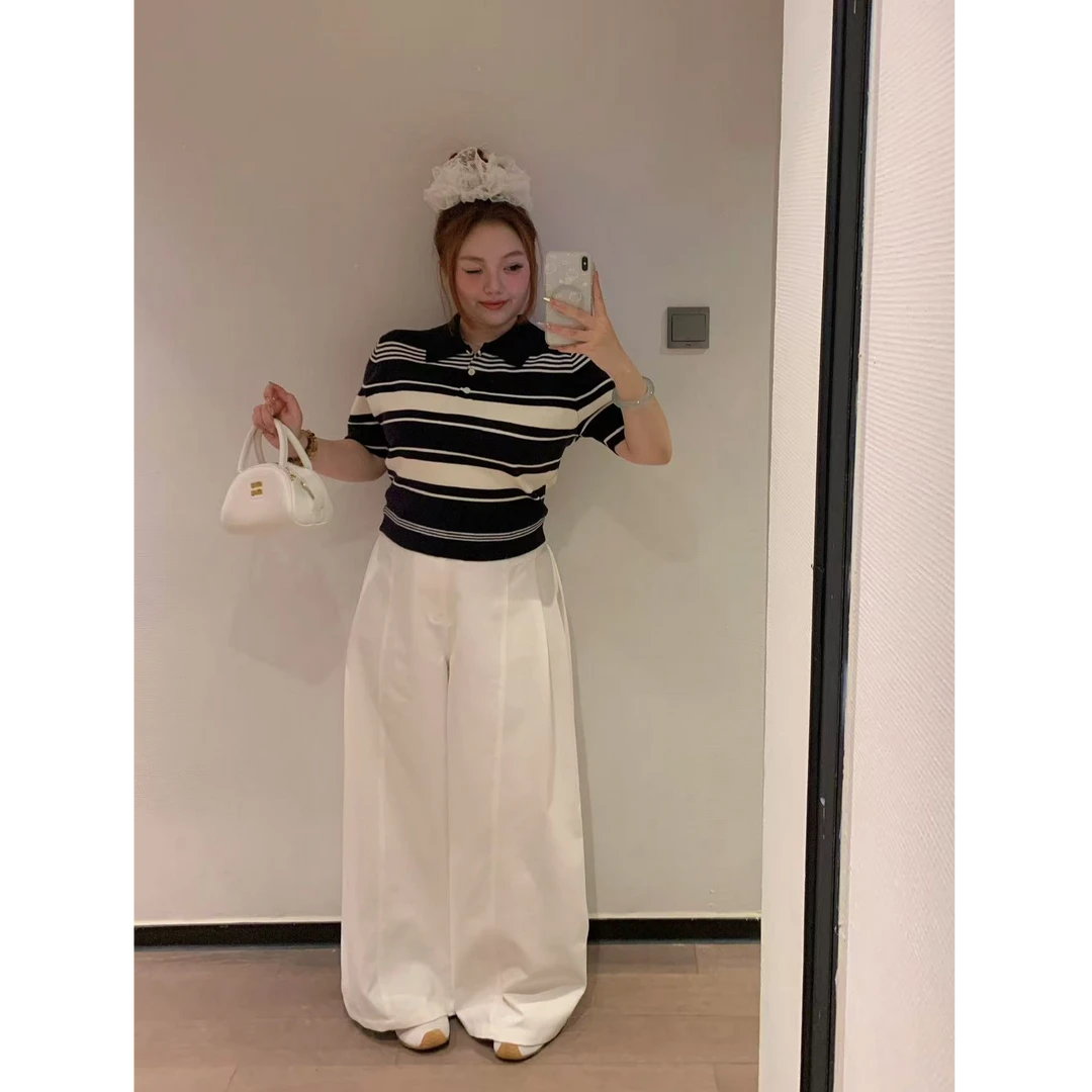 慧芝huizhi E770针织短袖 定制款 条纹polo领小短款显瘦针织上衣