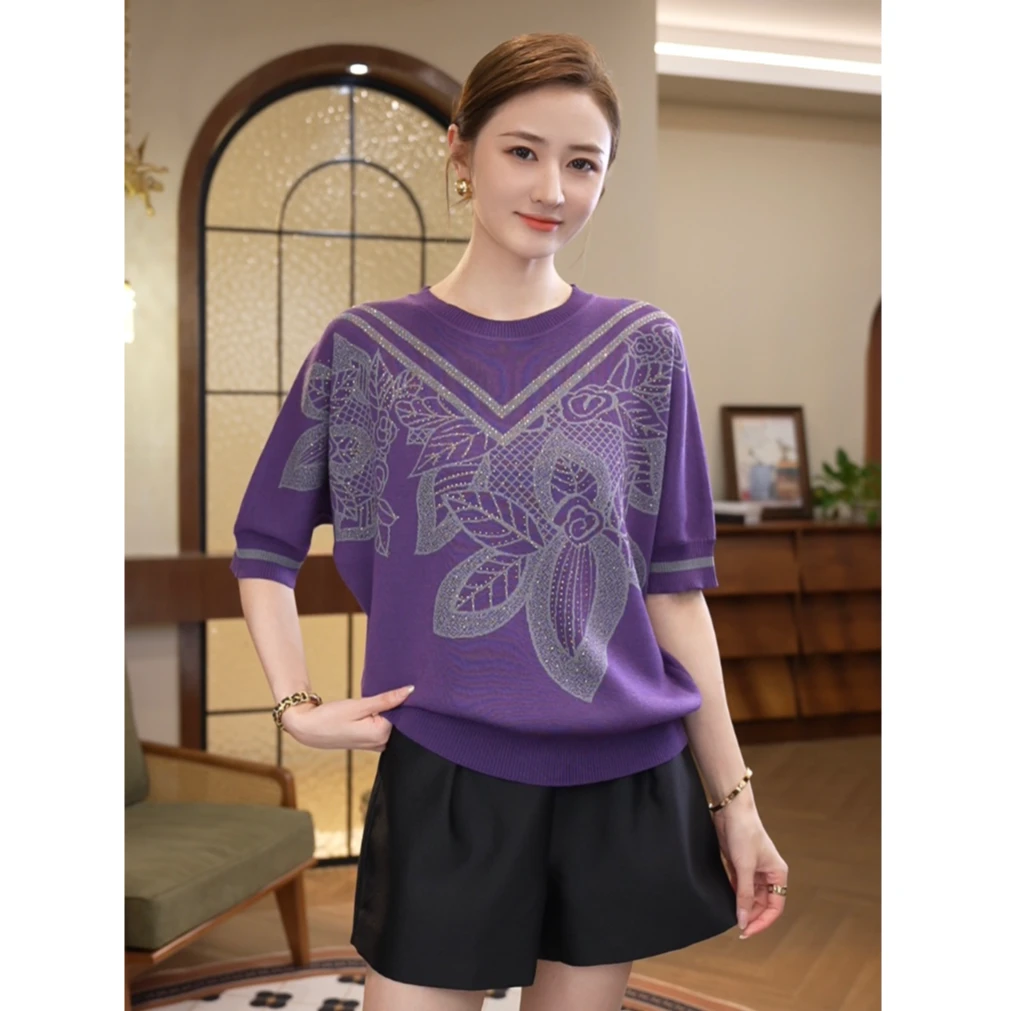 2026早秋新款【7829】提花设计中袖百搭显贵宽松紫色曲珠针织小衫