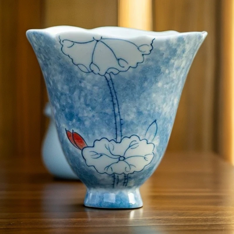 526纯手工手绘荷花花口主人杯