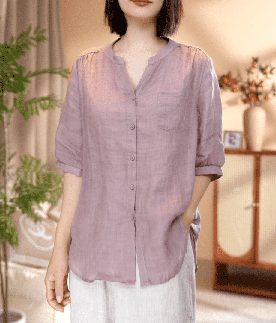 【苎麻系列】夏季斜纹纯苎麻小V领设计衬衫女薄款百搭休闲宽松