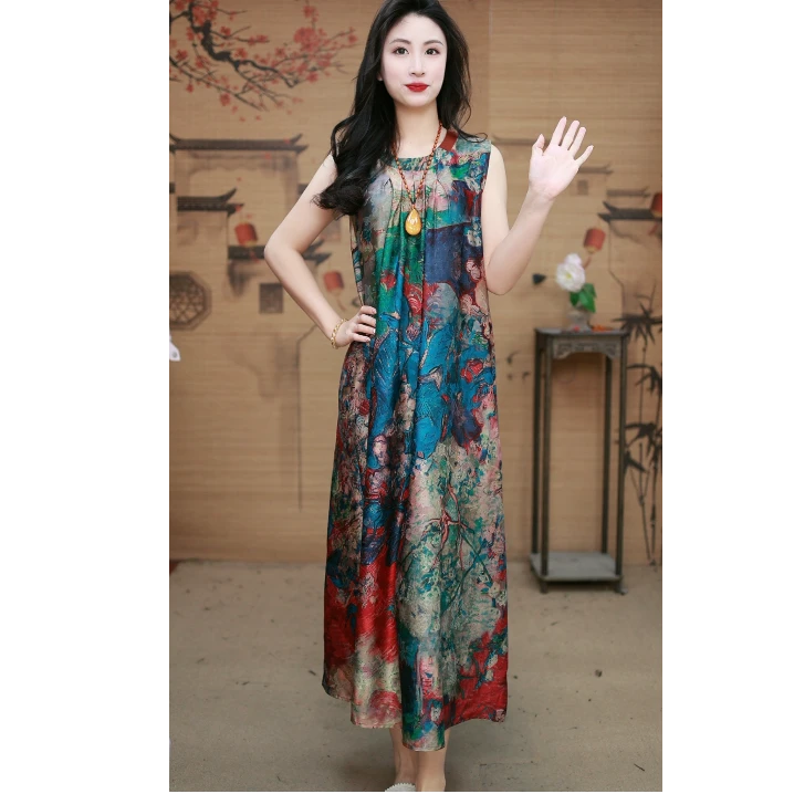 妮可【七彩祥瑞】2025年春夏新款遮肚子收腰显瘦小个子长款女连衣裙