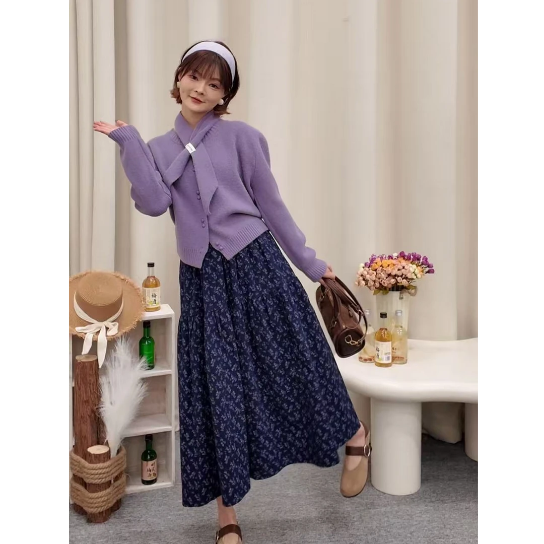 【香香严选1】“云絮”单排扣针织开衫围巾女宽松短款针织衫8815