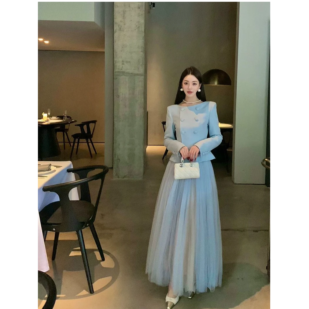 8075【时髦斯嘉丽】春季新款 气质优雅上衣外套+半身纱裙套装两件套