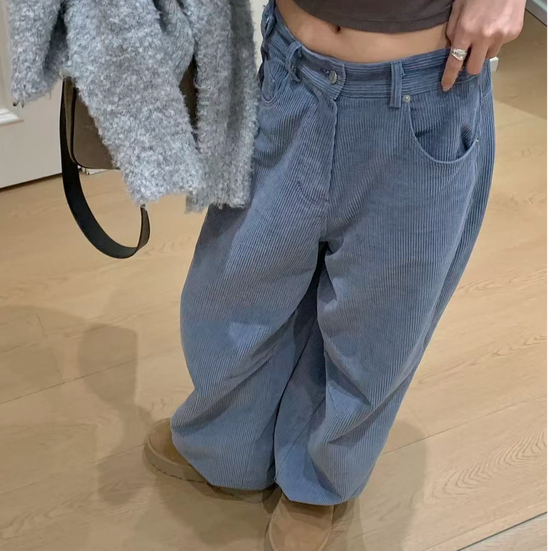 【NO退NO换】韩国丨冬季经典腰部可调节蓝色灯芯绒直筒休闲裤