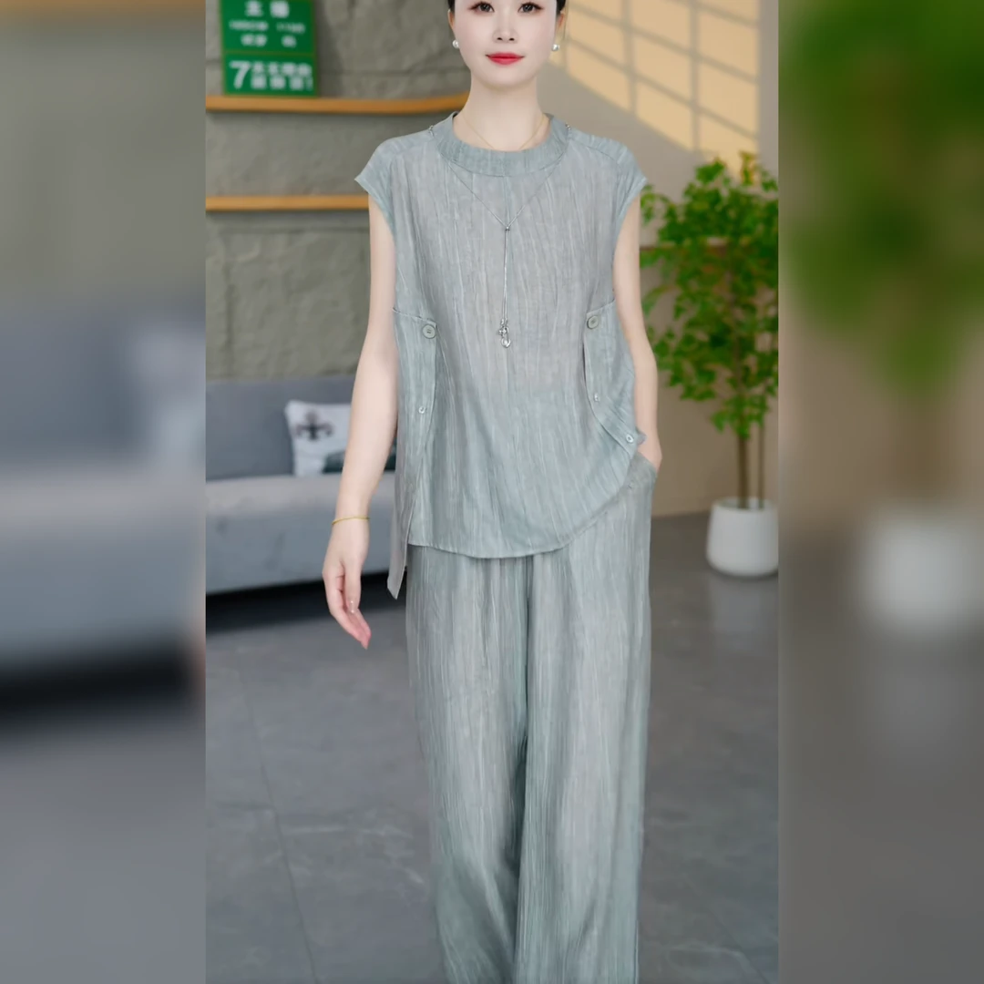 2025夏季新款高档时尚洋气端庄优雅妈妈装气质减龄两件套休闲套裤
