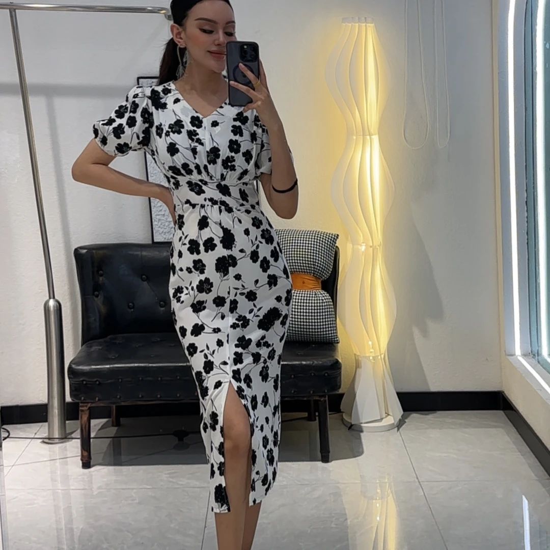 2025新款修身开叉碎花中长款连衣裙子