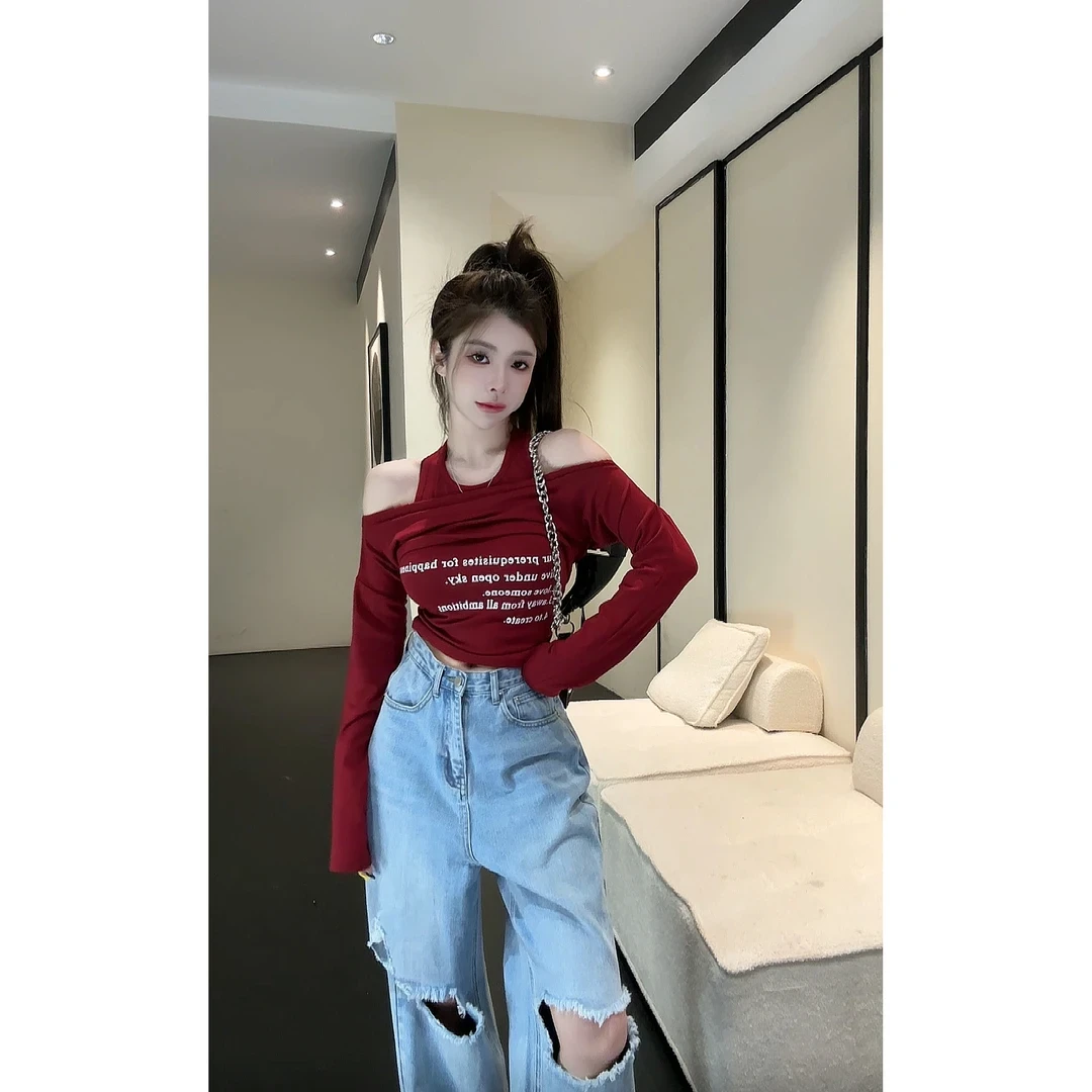 HuiHui【小辣椒】韩国东大门一字领露肩长袖T恤背心两件套T恤（A780）