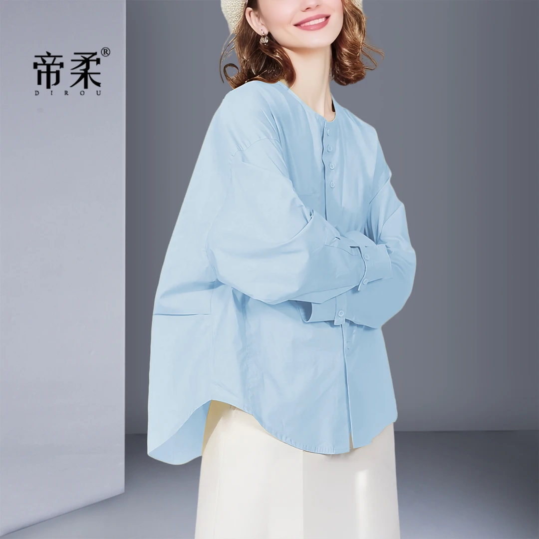 法式别致松弛感衬衫2025秋季新款减龄洋气百搭宽松显白衬衣女圆领