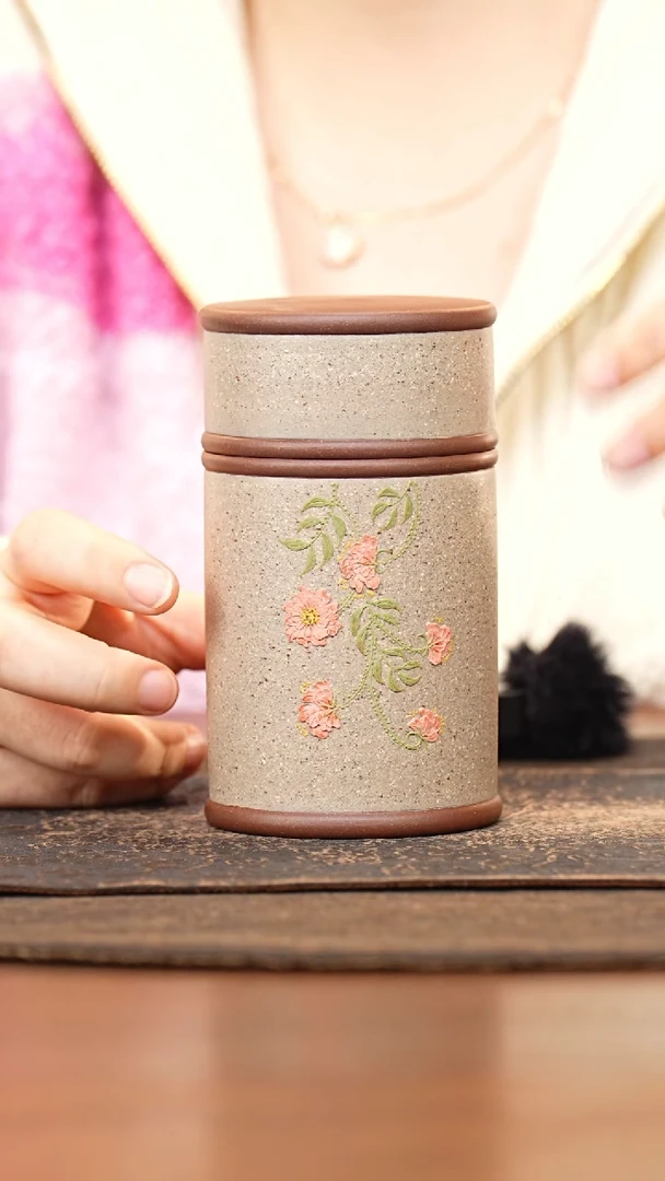 紫砂茶叶罐小罐定窑白泥绘海棠花