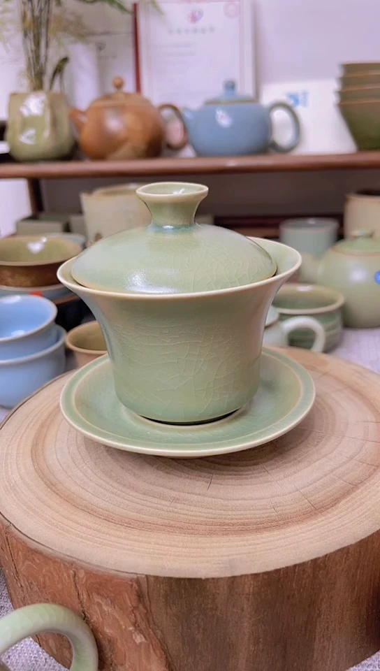 瓷片原生态原矿青绿盖碗微瑕