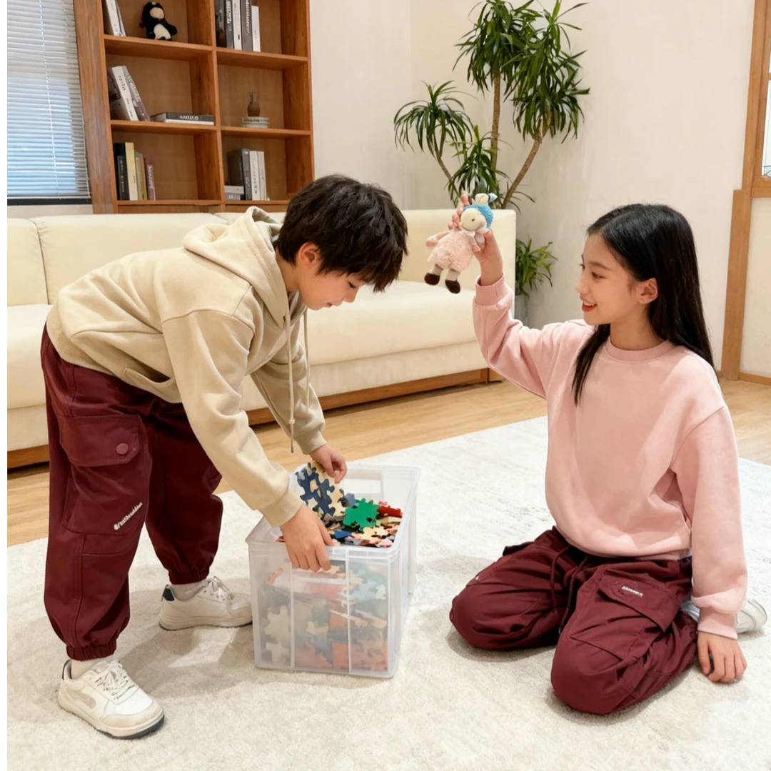 0217酒红束脚工装裤加厚秋冬保暖男女童中大童(gyd)