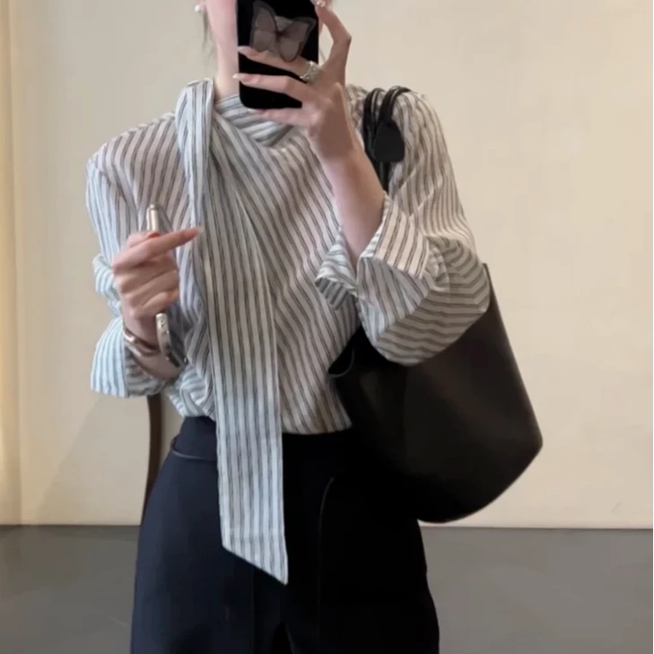 2025春款上新通勤条纹小众飘带设计感衬衫