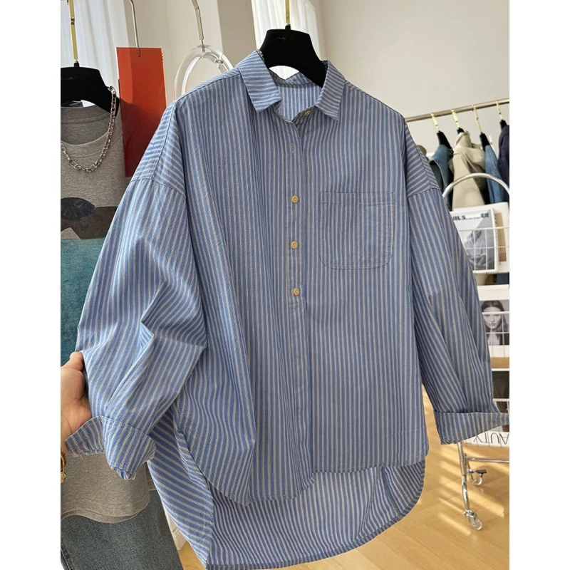 超好看独特漂亮长袖衬衫女春秋韩系高级感纯棉宽松休闲竖条纹上衣