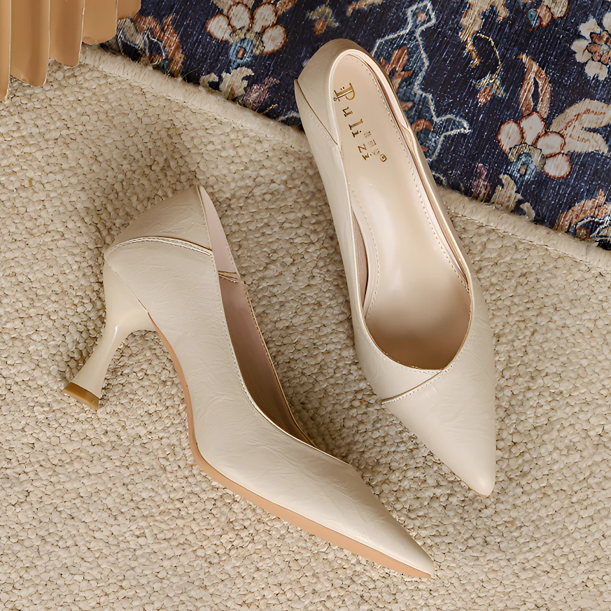 尖头浅口细高跟女单鞋春秋气质百搭中跟皮面单鞋女黑色低跟工作鞋