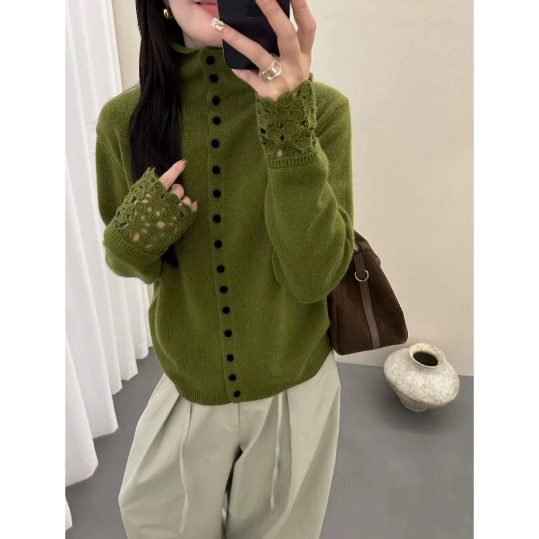 3564【法风镂空袖立领开衫】秋冬新款温柔气质ins风毛衣外套