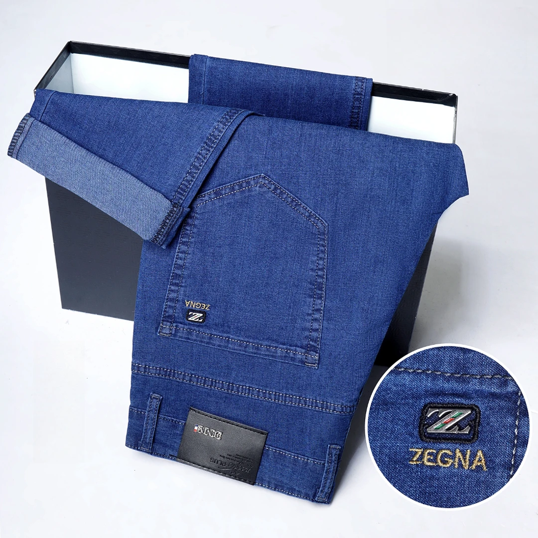 夏季超薄款中高腰深裆版型男士弹力宽松直筒商务牛仔裤