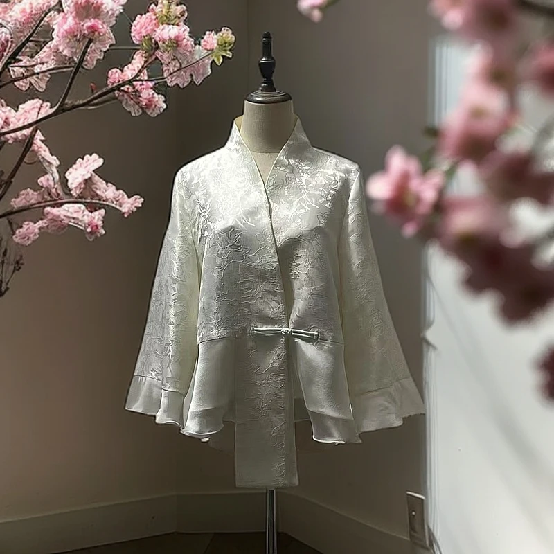 【白色百搭】春夏新中式国风气质长袖飘纱爬领水袖简约上衣XM2302