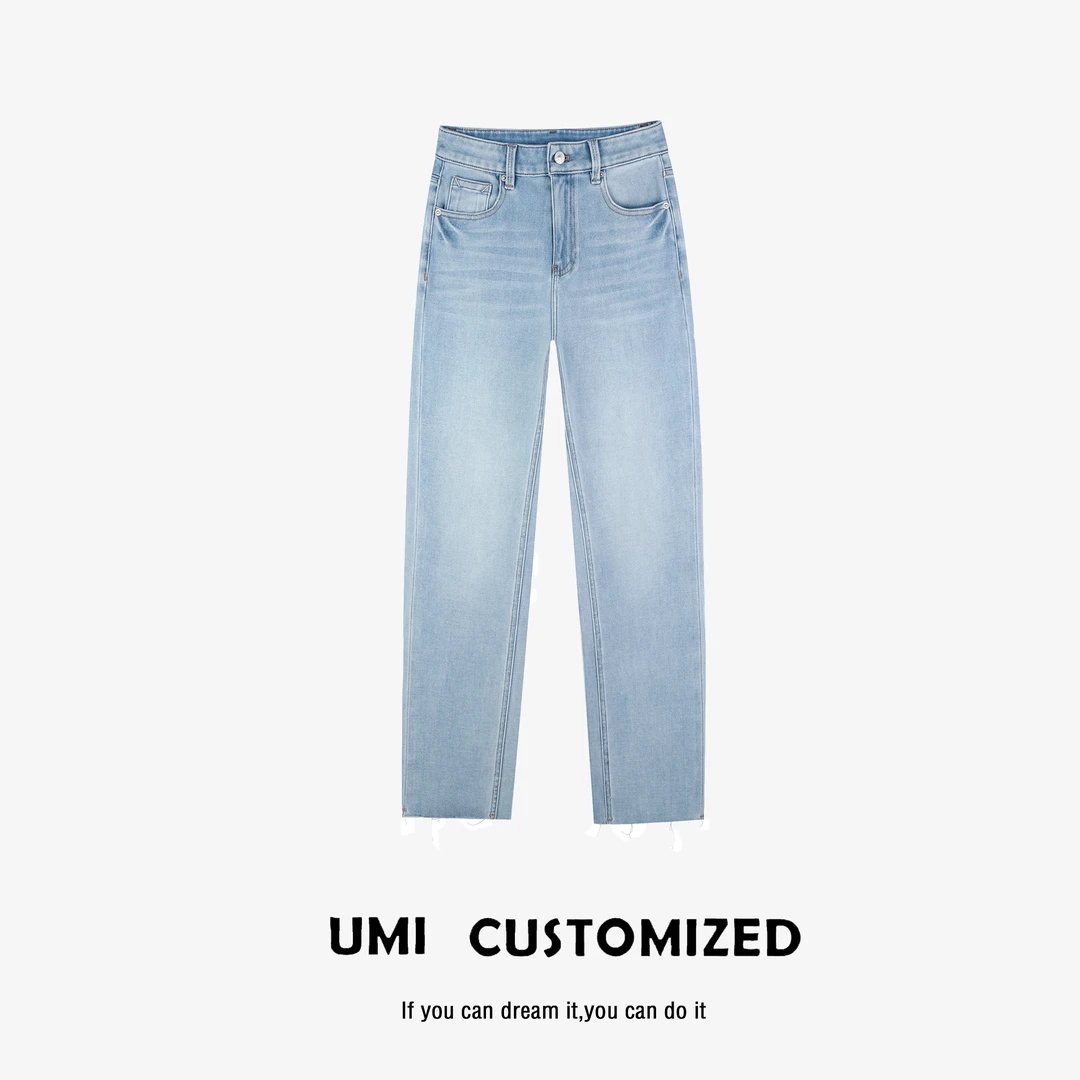 UMI "米棍裤"夏款高腰四面弹经典九分烟管毛边牛仔裤 COSTOMZED