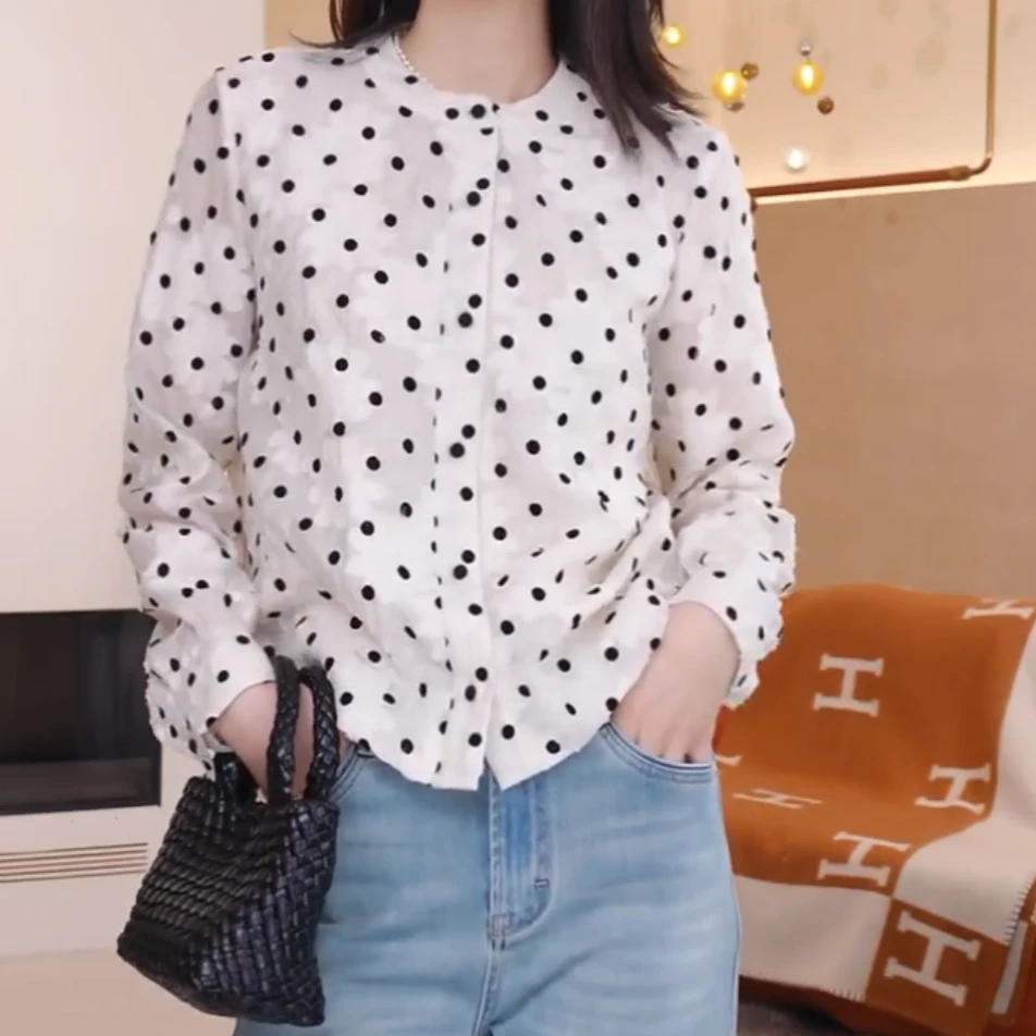 设计感黑色波点衬衫女2025春夏新款时尚轻奢气质显瘦百搭长袖衬衣