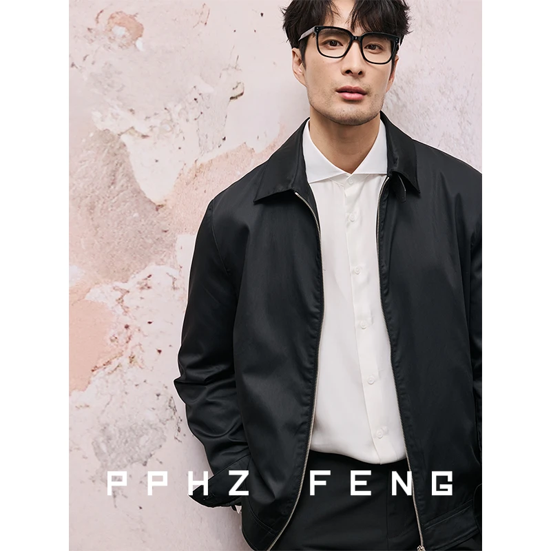 轻奢贵气~桑蚕丝莫代尔 镶皮简约春季商务翻领拉链飞行夹克外套男