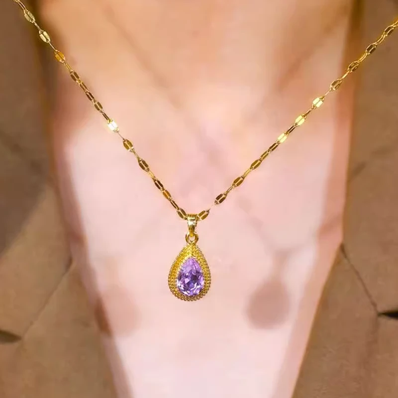 钛钢项链 轻奢高级感紫色水滴榴莲项链女时尚百搭锁骨链气质配饰