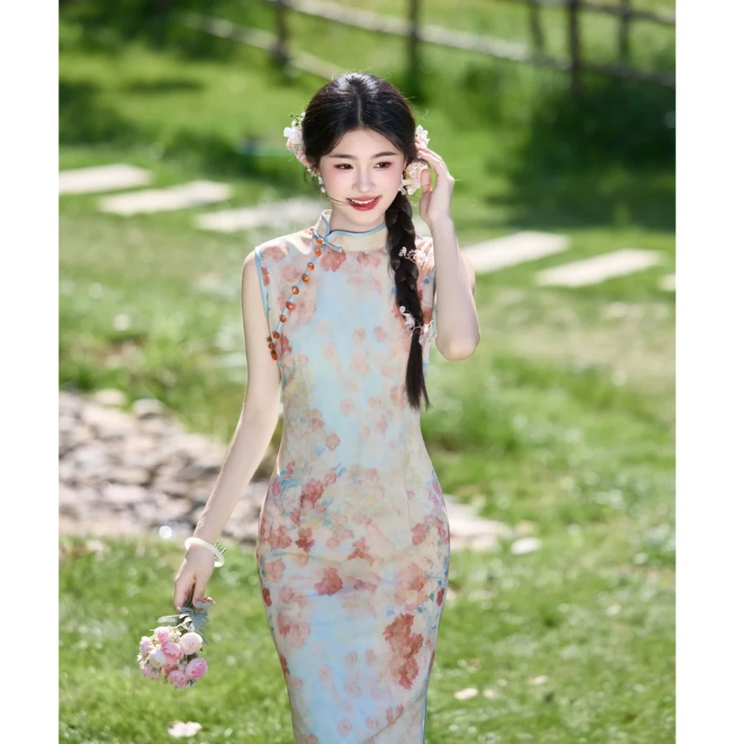 【夏花】夏季新款少女无袖新中式改良日常显瘦旗袍裙