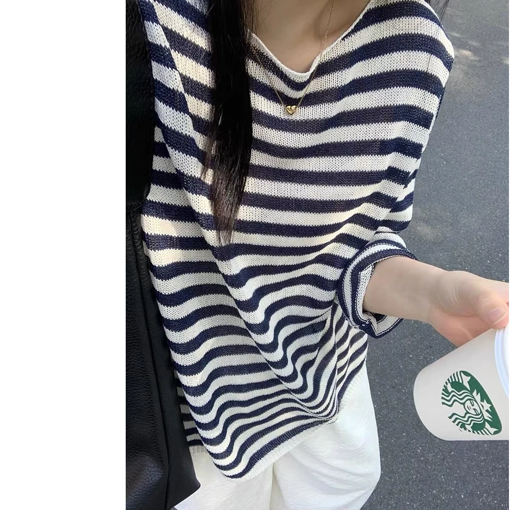 爆单中！【蓝灰条纹】一字领宽松慵懒风条纹长袖针织防晒罩衫 U77X12