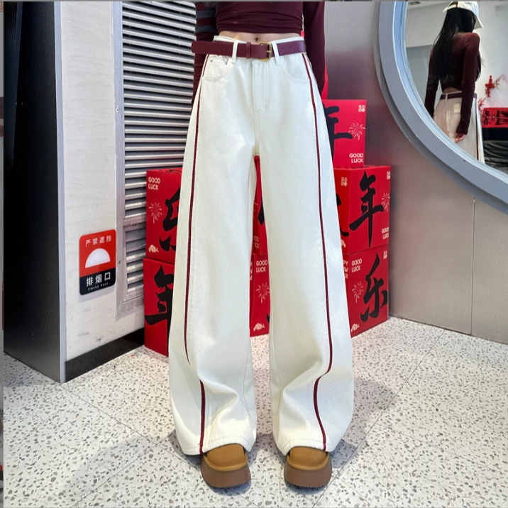 5019（XM）2015春季新款重工刺绣拼条阔腿高街牛仔裤