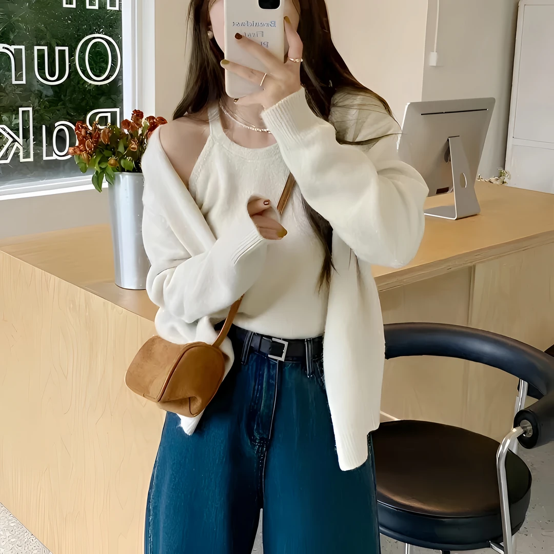 【两件套】2025秋季时尚百搭气质针织开衫外套+背心一整套装衣服女