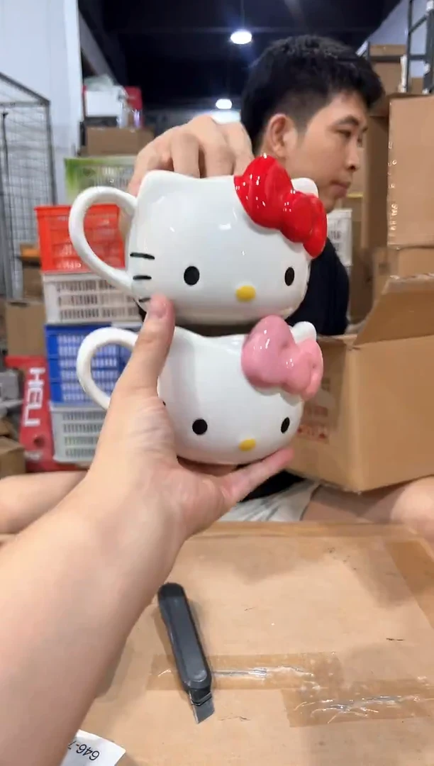 瓷片大号红色加粉色蝴蝶结kt头杯2件套