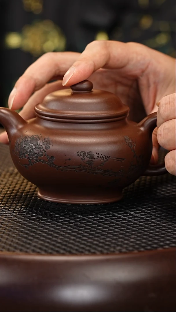 茶壶紫砂49 杨瑶芬 紫泥 景舟石瓢 刻竹  昌鸿刻绘 330cc