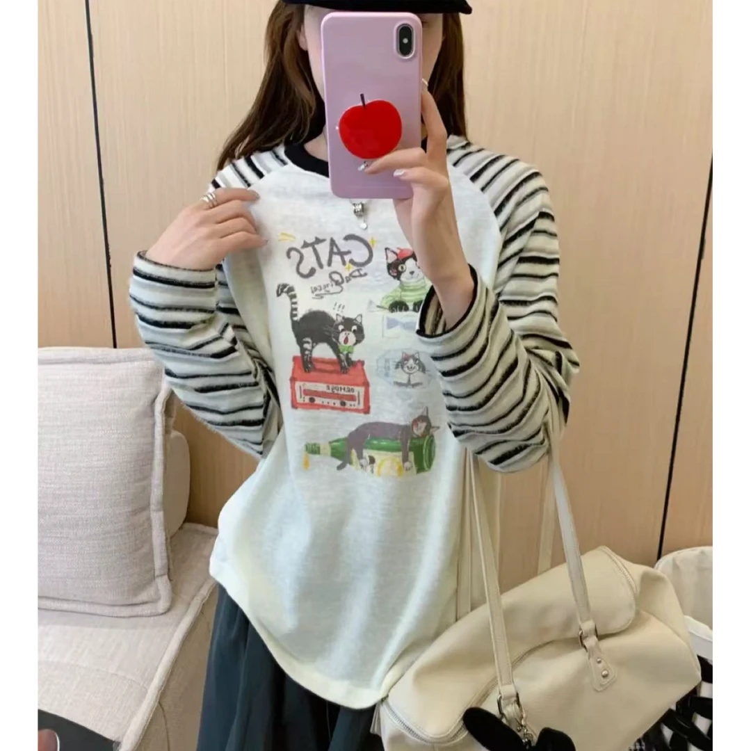 【奕潼•欧尼Seoul】啤酒小猫&撞色插肩袖条纹拼接圆领T恤上衣-0307