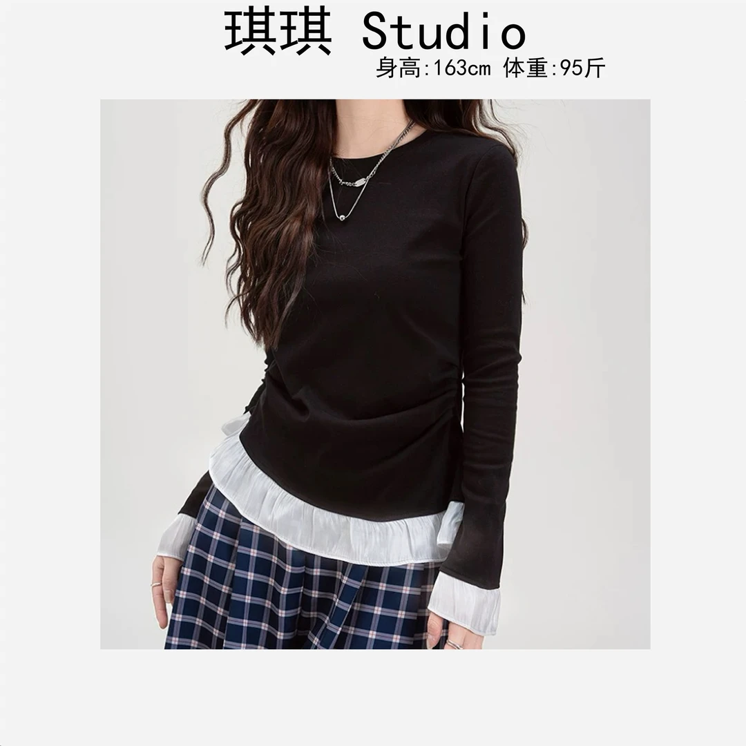 早春新款重工设计感下摆拼接花边圆领甜美洋气减龄百搭上衣1192-G