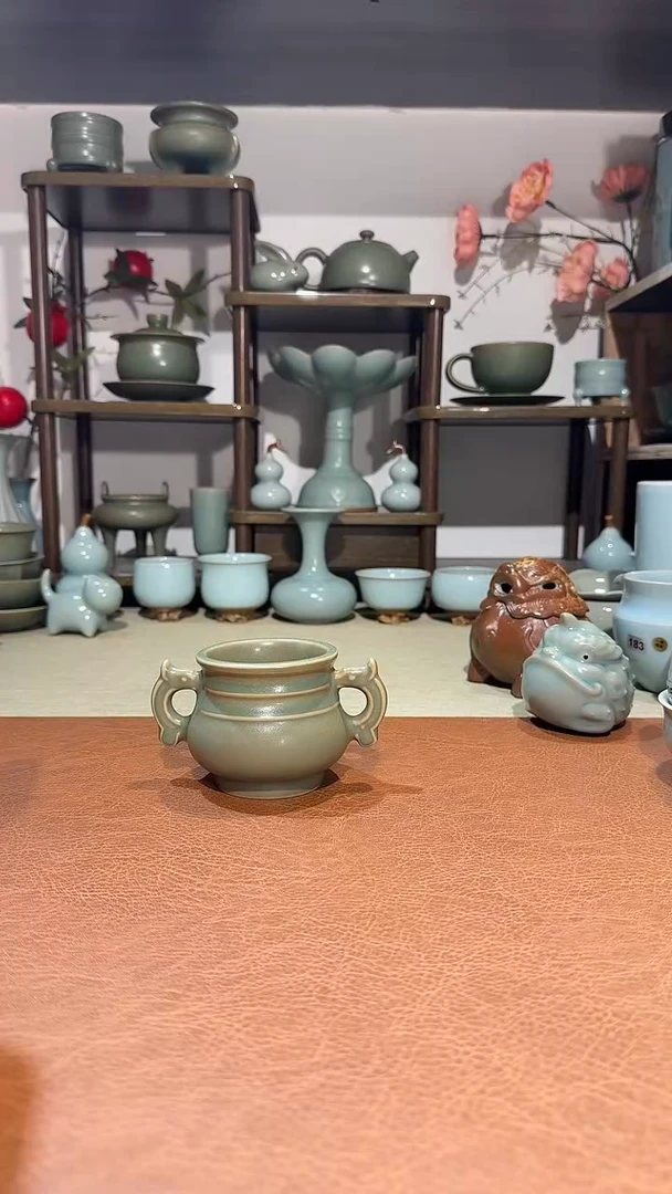 摆件瓷纯柴烧 复刻簋式炉 香炉陈设主人杯小渣斗 青绿釉