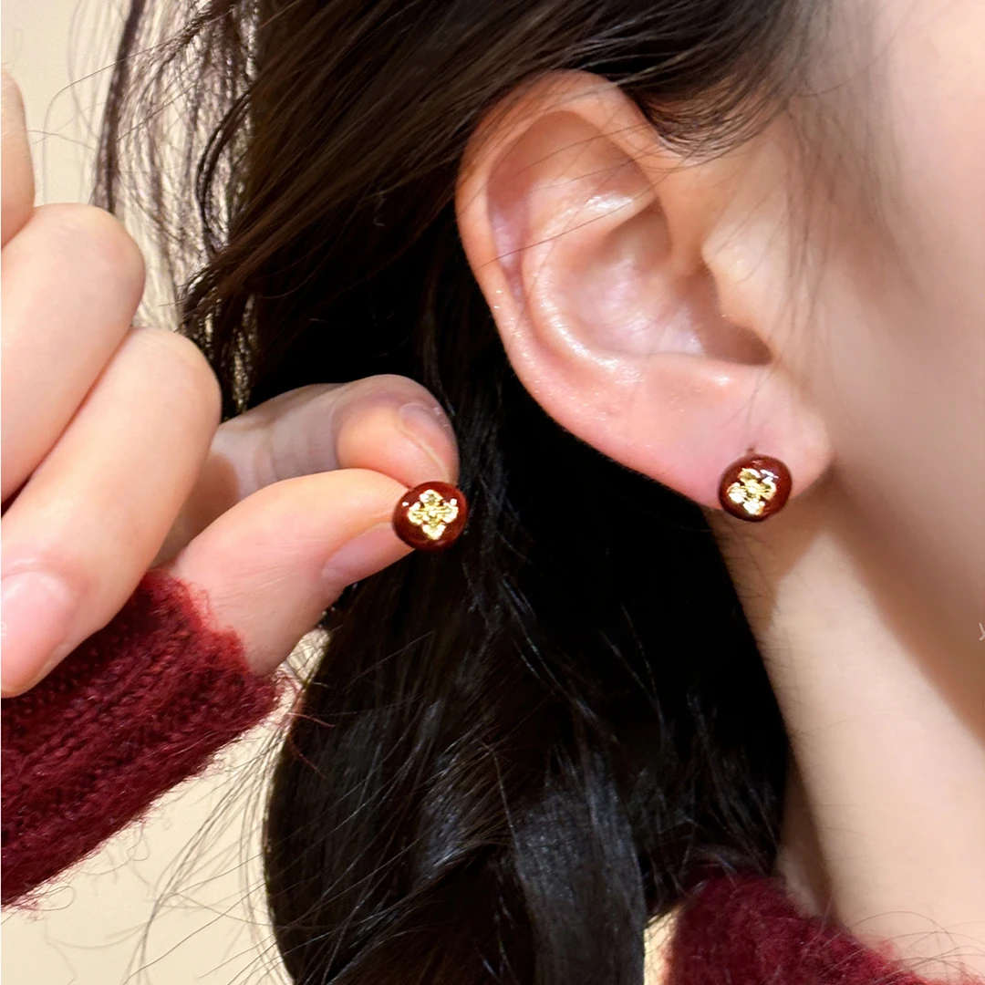 合金耳饰 柿柿如意~滴釉红色小巧耳钉女高级感独特耳饰新年喜庆