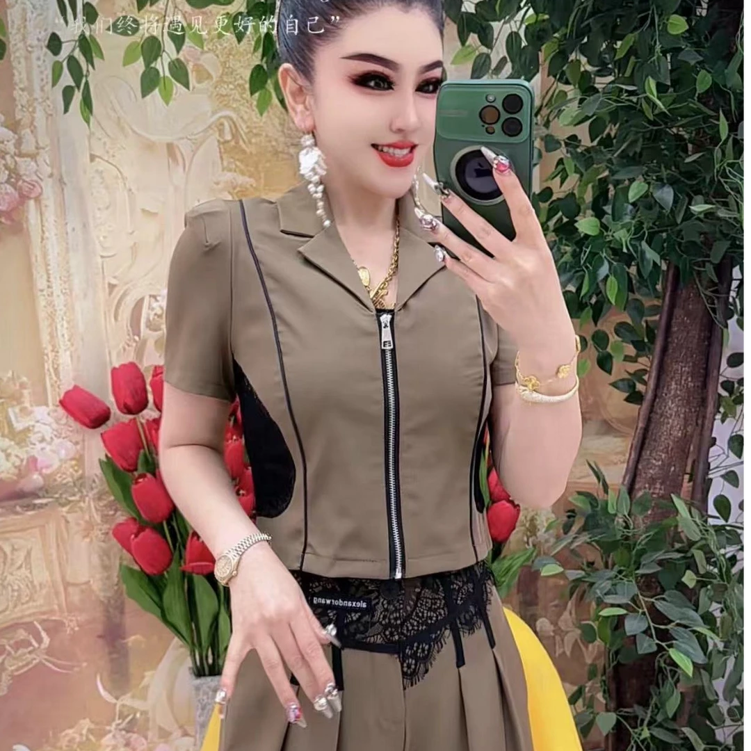 12716 重工蕾丝修身显瘦外套+裤子两件套