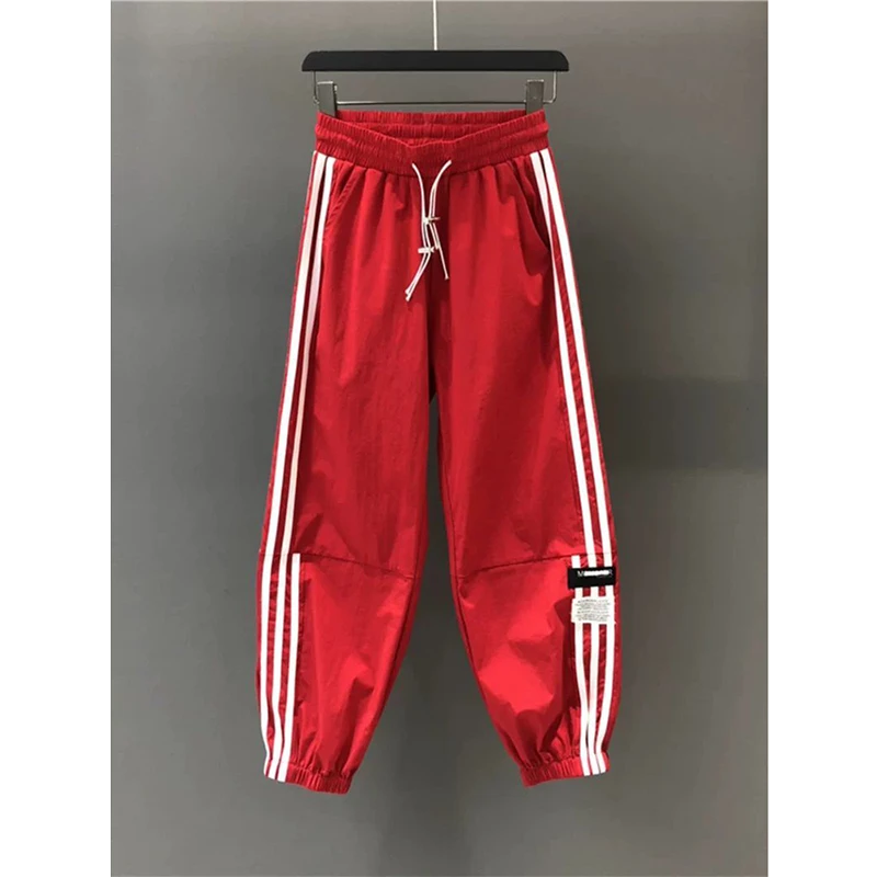 美式复古运动裤高腰条纹休闲裤春夏大码300斤时尚宽松束脚哈伦裤