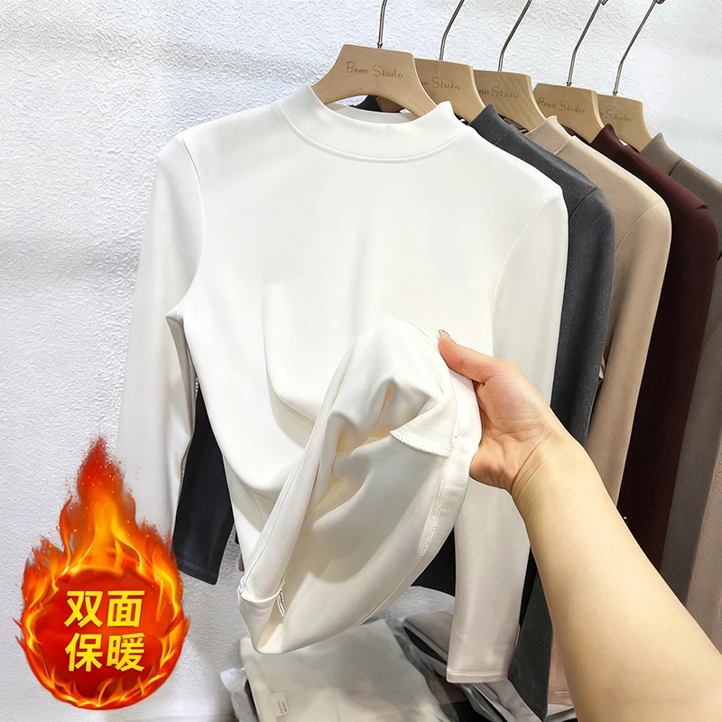 2025冬双面德绒发热半高领打底衫女磨毛T恤保暖内搭长袖修身上衣