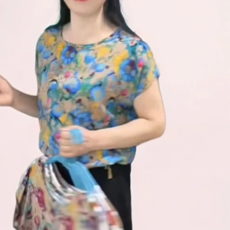 妈妈装夏季套装60岁中老年人女装短袖圆领印花套装休闲宽松两件套