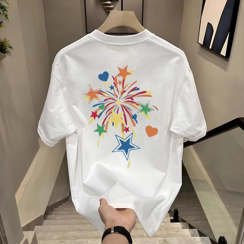 韩系高克重纯棉圆领男士夏季烟花印花短袖T恤男女宽松小众ins半袖