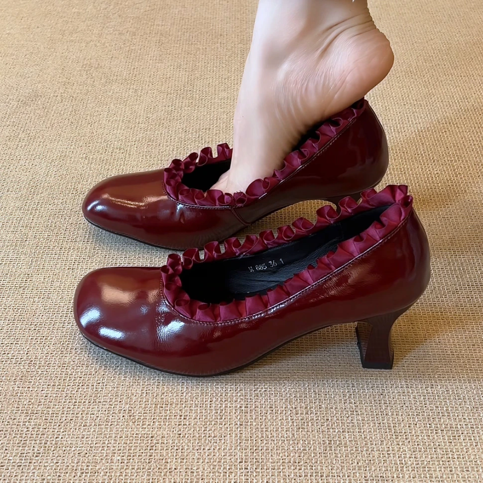 RubyL/6cm小个子法式简约百搭花边一脚蹬方头浅口粗跟单鞋女款