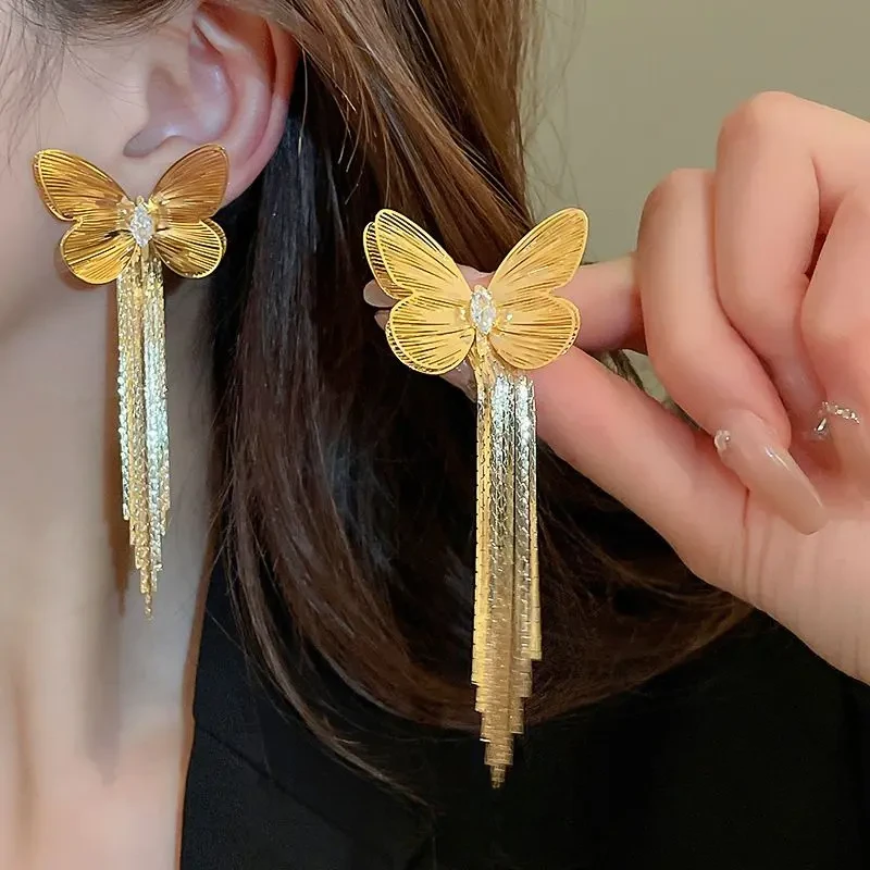 合金耳饰 约会穿搭耳饰双层蝴蝶流苏耳环长款女耳钉小众设计新款