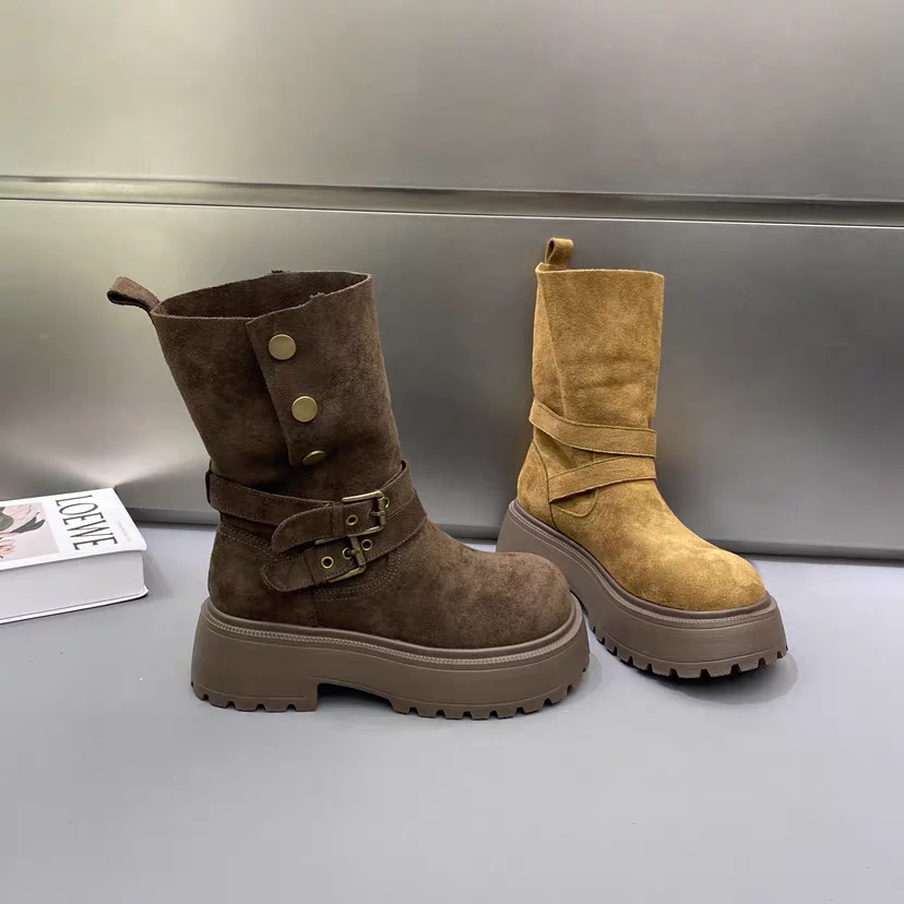 【婷姐】6835-法式复古绒面圆头短靴女2025秋款牛仔靴粗跟马丁靴