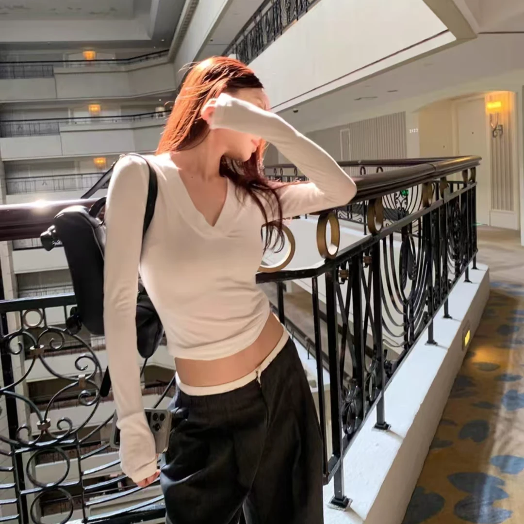 【破价浮力】性感辣妹水波云柔软正肩剪刀V领 修身百搭上衣长袖女