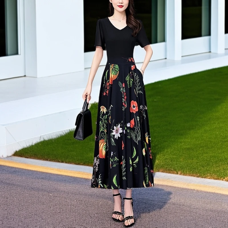 2025夏季新款高档印花雪纺连衣裙长款大码胖mm收腰显瘦遮肚子长裙