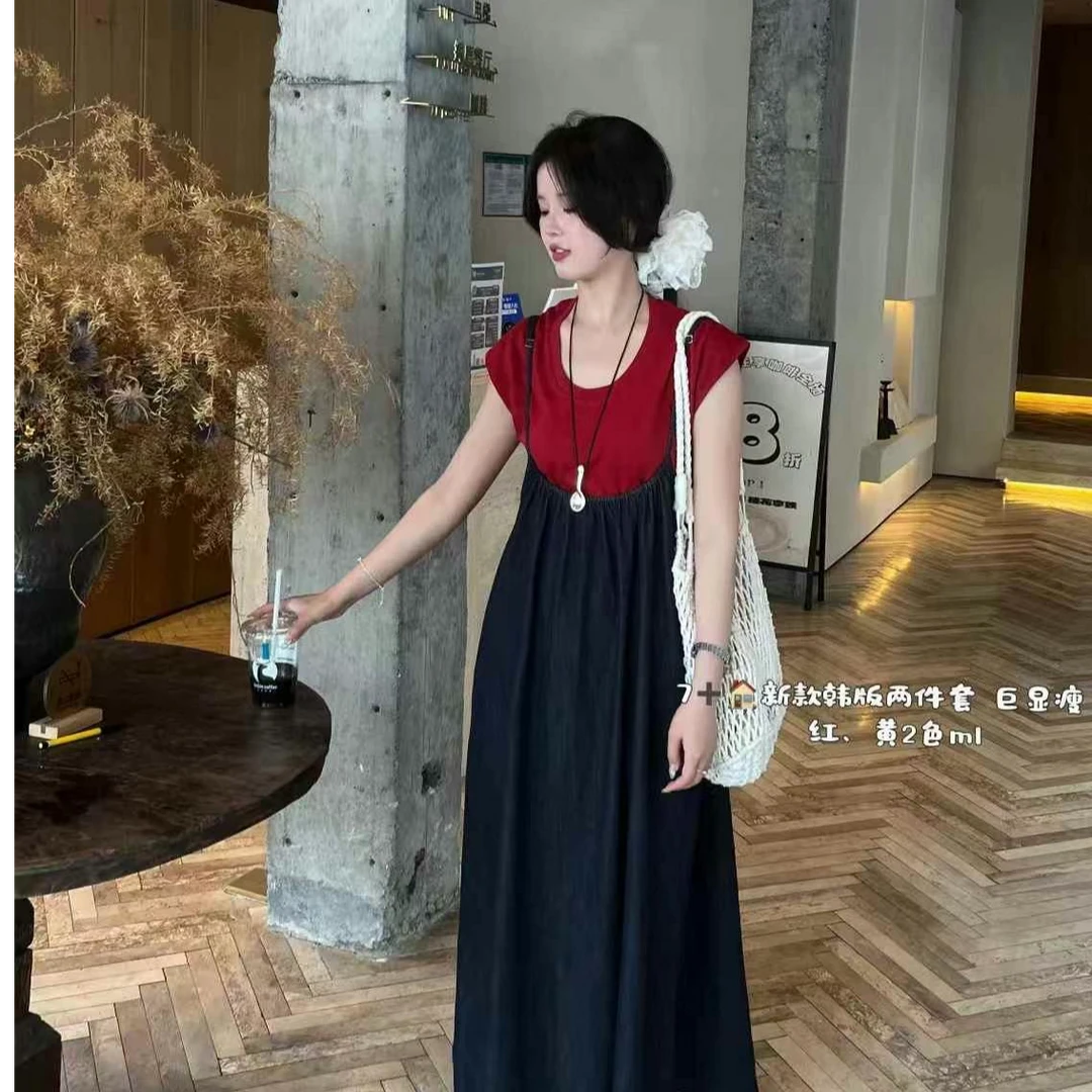 韩版牛仔背带裙两件套遮肉显瘦连衣裙牛仔套装