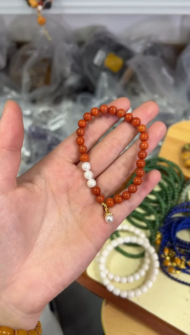【闪购商品】玛瑙/玉髓手链未镶嵌柿子红贝珠搭配款手链[0783]