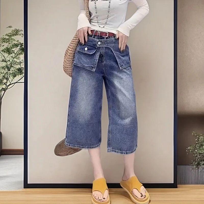 2025夏季新款大码高腰直筒宽松阔腿裤时尚百搭薄款显瘦八分牛仔裤